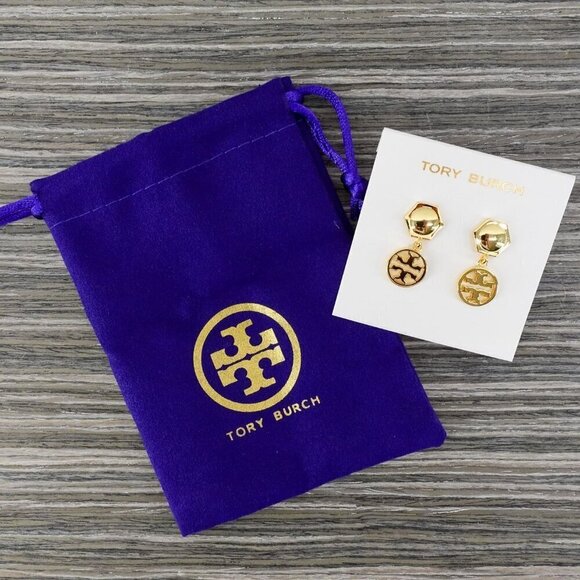 Tory Burch Hexagon Circle Logo Drop Earrings Gold OS - Picture 4 of 12